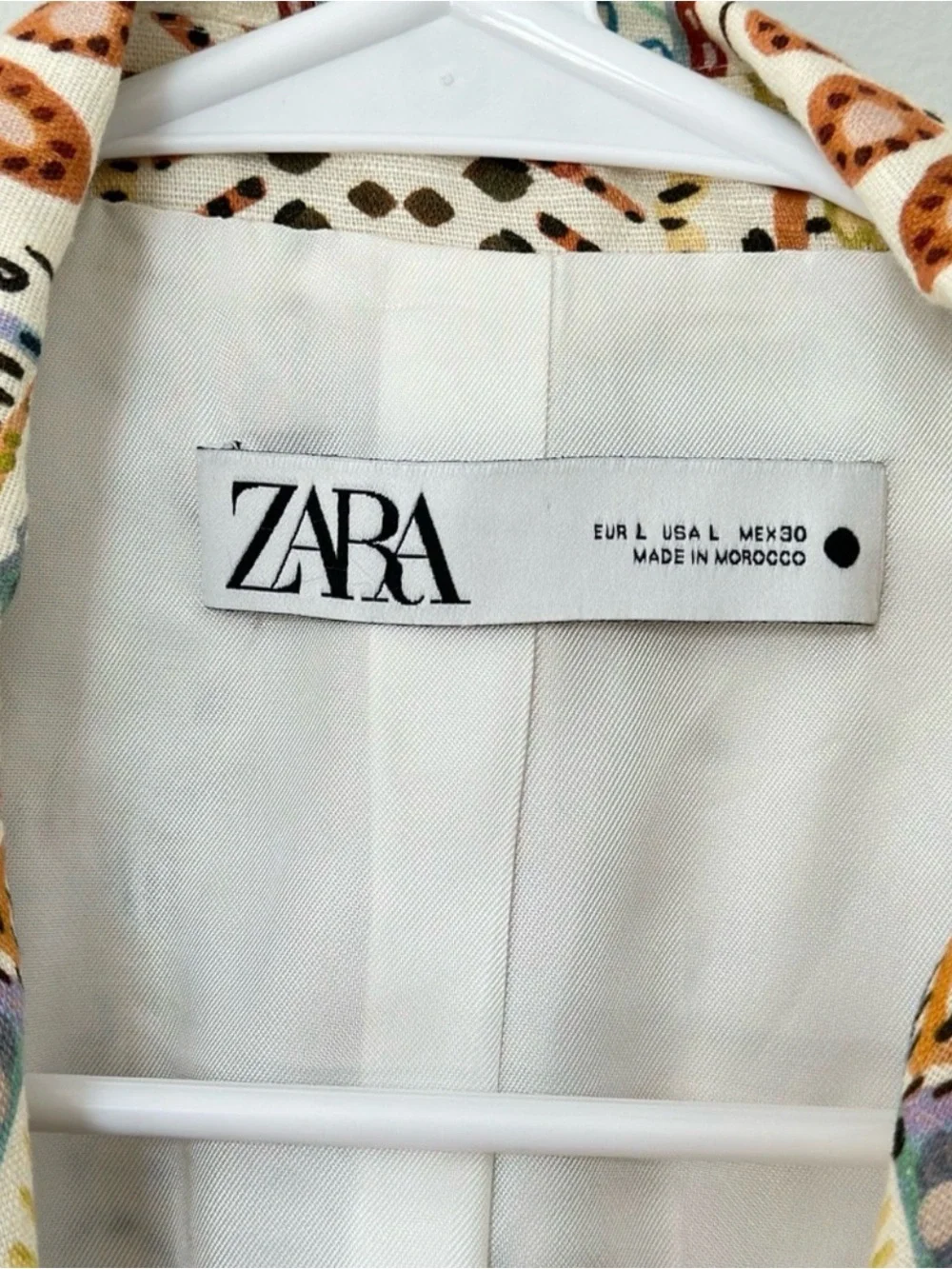 ZARA Cream Linen Blazer with Multicolor Pattern Size L - Picture 3 of 3